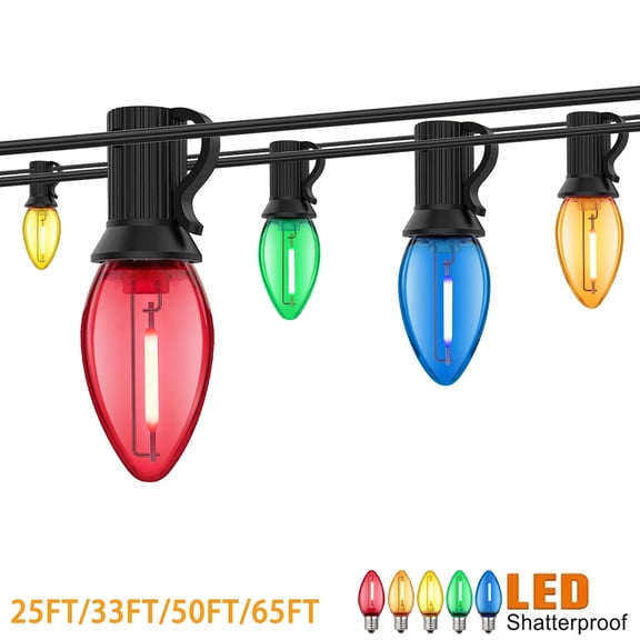 25FT C7 LED Colorful Bulbs Outdoor String Lights with 10+1 Shatterproof Bulbs, Multi-Color Light Bulbs for Christmas Wedding Patio Garden Decoration