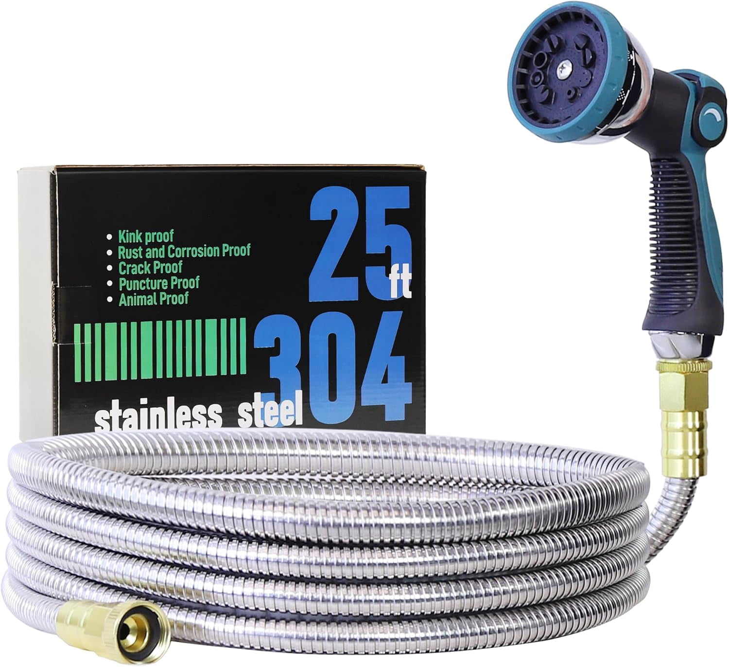 25FT Garden Hose, Stainless Steel Water Hose Flexible with a 10-Mode Nozzle Sprayer, No Kink, Lightweight, Puncture Proof, Ideal for Indoor & Outdoor Light Use, 5/8'' Outside Diameter
