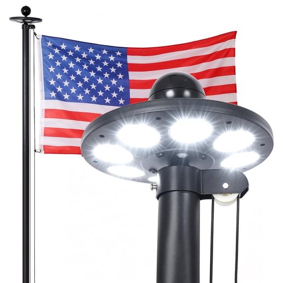25FT Heavy Duty Aluminum Flag Pole Kit, 136 LED Solar Light, 300D USA Flag, 120 MPH Wind Resistant Design, Black