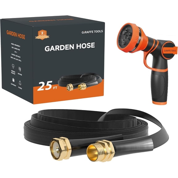 25FT Lightweight Lay-Flat Garden Hose with 9-Setting Spray Nozzle, Black