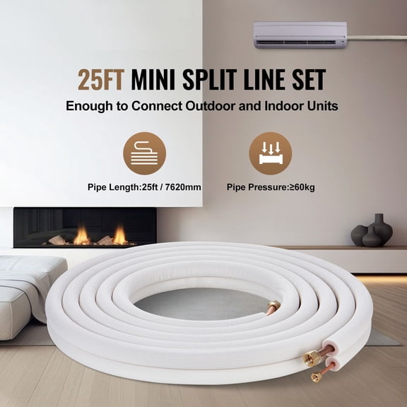 25FT Mini Split Line Set 1/4 & 1/2 Inch OD Copper Pipes Tubing with Triple-Layer Insulation for AC Heating Pump HVAC System Includes 27ft Connection Cable