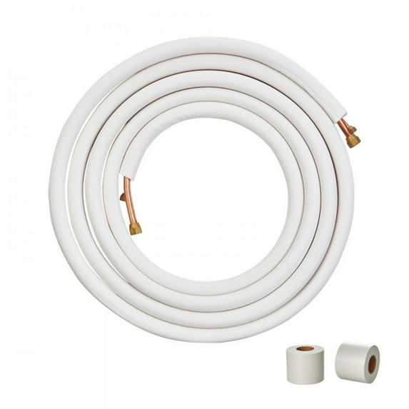 25FT Mini Split Line Set - 1/4 & 3/8 O.D Copper Pipes with Triple-Layer Insulation, Ideal for Mini Split AC Refrigerant, HVAC Applications, and Heating Pump Systems - Includes Wrapping Strips for Easy