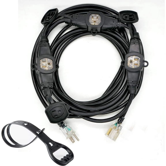 25FT Multiple Power Extension Cord Black,4 Evenly-Spaced Inline Outlet, LED Indicator.16 Gauge 13Amp 1625Watts,Weatherproof Ideal for Outdoor Landscaping Lighting,Holiday Decoration ETL Listed