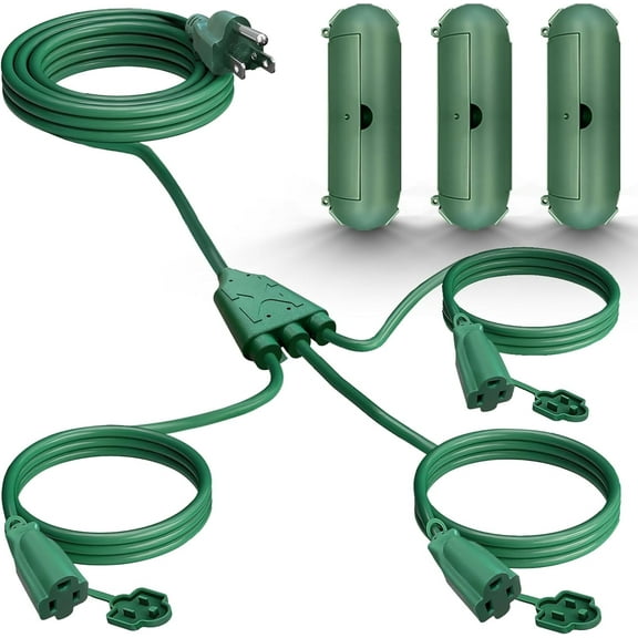 25FT Outdoor Extension Cord,1 to 3 Splitter for Christmas, Max 13FT End to End (25FT Total), with 3 Weatherproof Covers,16/3 SJTW Weatherproof Wire for Holiday Decoration Light, UL Listed, Green