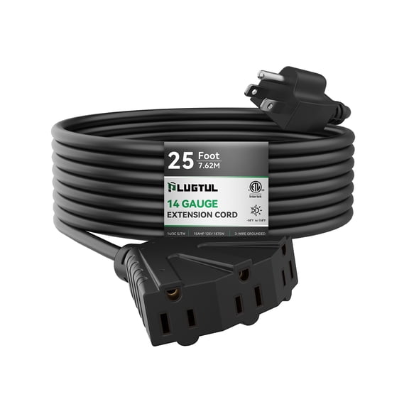 PLUGTUL 25FT Outdoor Extension Cord with Multiple Outlets, 14 Gauge Heavy-Duty Extension Cord Waterproof Black, SJTW, ETL Listed, Black