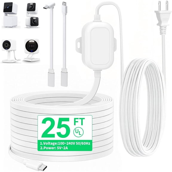 25FT Outdoor Power Adapter for Pan V3/ V4/ Duo Cam Pan, Cam V4/ V3/ Cam OG, IP67 Waterproof White Outdoor Extension Cord Flat Charging Cable for Camera (L-Shaped Micro-USB Cable Iluded)