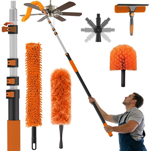 25FT Reach High Ceiling Duster Kits with Adjustable Pole - Includes Extra Long Duster, High Ceilingobweb Duster for Ceiling Fans and Whole Hou Duster, Rotatable Window Squeegee & Cse Cleaning
