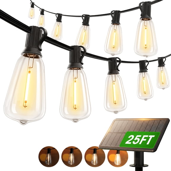 25FT Solar Lights Outdoor Waterproof IP65 , LED String Lights With Shatterproof ST38 Dimmable Globe Bulb, Strong-Weak-Flash-Breath 4 Modes