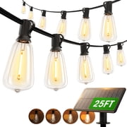 25FT Solar Lights Outdoor Waterproof IP65 , LED String Lights With Shatterproof ST38 Dimmable Globe Bulb, Strong-Weak-Flash-Breath 4 Modes