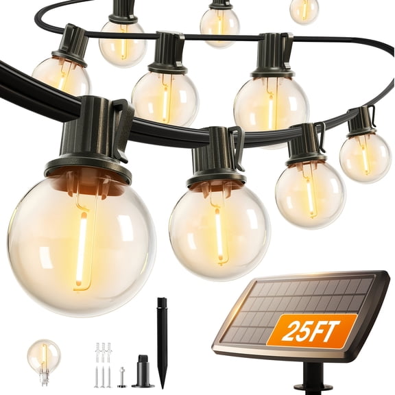 25FT Solar String Lights Outdoor IP65 Waterproof, LED String Lights With Shatterproof G40 Dimmable Globe Bulb