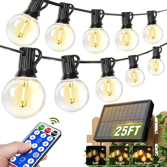 25FT Solar String Lights Outdoor Waterproof with Remote & Timer, LED Shatterproof G40 Bulbs, Powered Patio for Outside Decor, Backyard, Porch, Garden, Wedding