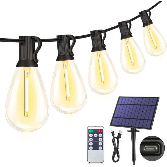25FT Solar String Lights with Remote, 3 Lighting Mode Outdoor Waterproof Dimmable Patio 10+1 Shatterproof S11 LED Bulbs for Backyard-Black