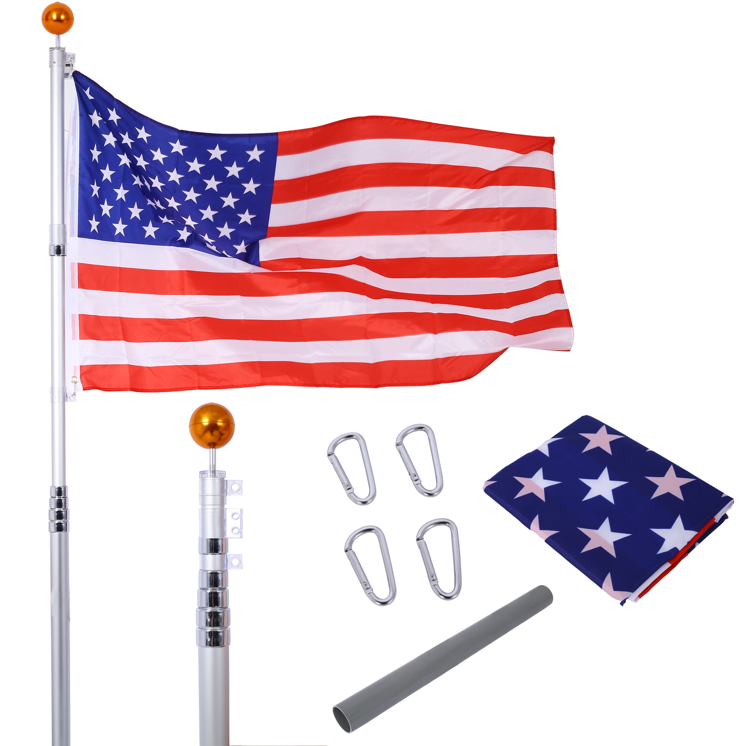 25FT Telescoping Flag Pole with 3x5 Polyester American Flag and Golden Ball,Outdoor Inground Flag Poles Extra Thick Heavy Duty Aluminum Flagpole