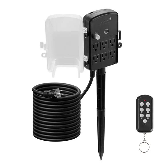 25FT Weatherproof Outdoor Power Strip with Remote Control Timer,6 Outlets,1875W for Christmas Lights and Garden Use-Heavy Duty Extension Cord