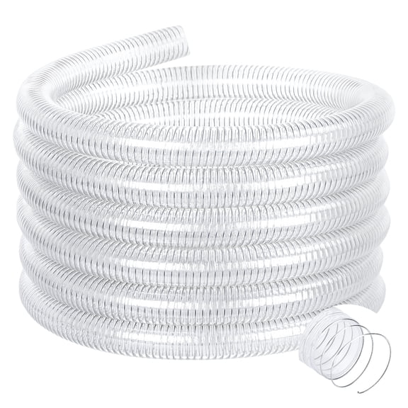 25FT Wire Reinforced Hose with 4 Clamps, Heavy Duty Dust Collection Suction Flexible Vinyl Tubing, High Pressure Drain Water Fuel Oil Powder Clear PVC Pipe
