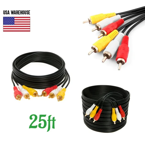25Ft 3Rca Male To Male Composite Extension Audio Video Av Cable Yellow Red White
