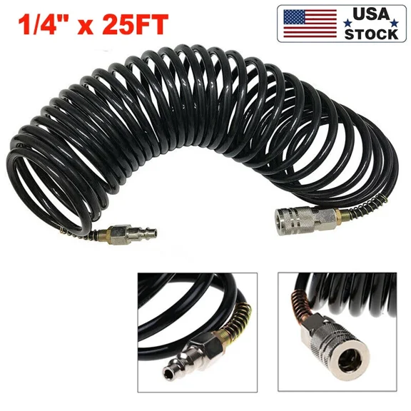 25Ft Air Hose Recoil Spring Ends Pneumatic Compressor Quick Coupler Fittings