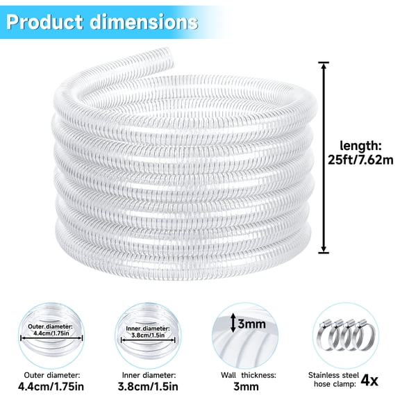 25Ft Reinforced Pvc Wire Hose, 1.5" Id With 4 Clamps, Heavy Duty, Flexible, For Water Transfer, Dust Collection & Industrial Use