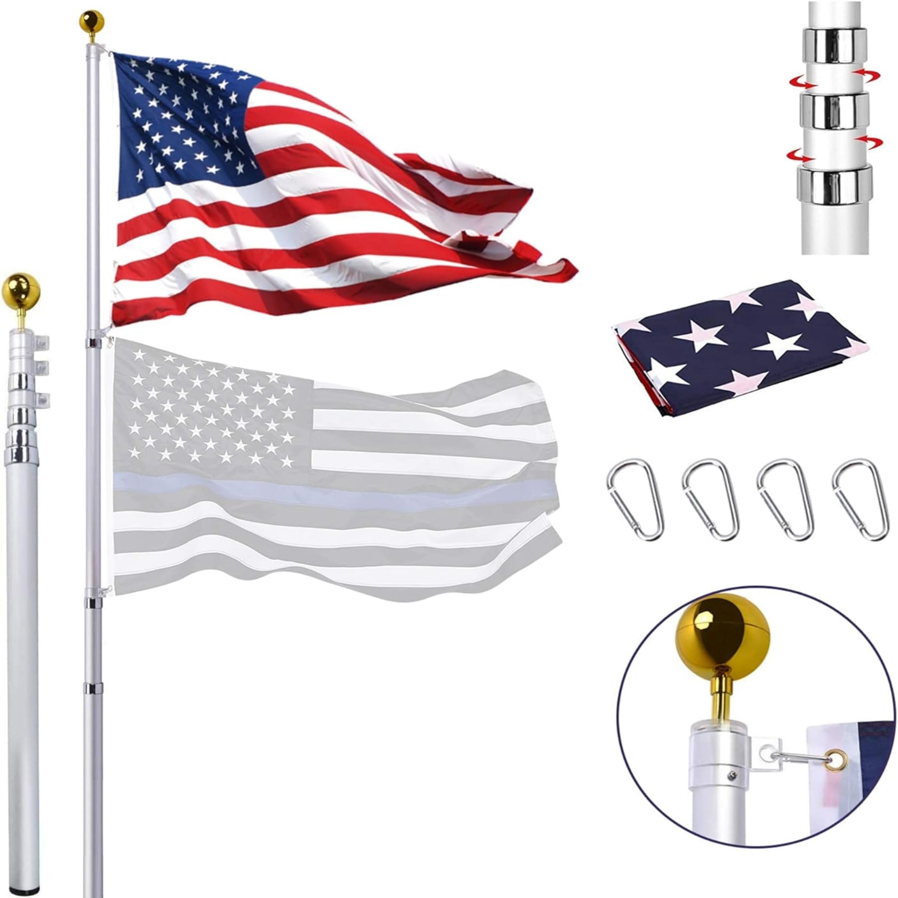 25Ft Telescopic Flag Pole Kit, Heavy Duty Aluminum Telescoping Flagpole, with 3x5 American Flag and Topper Ball for Commercial, Residential Use