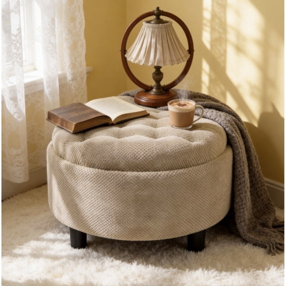 25Inch Round Storage Ottoman with Tray, Modern Tufted Fabric Circle Coffee Table with Storage, Upholstered Ottoman with Removable Top for Living Room, Bedroom,Camel
