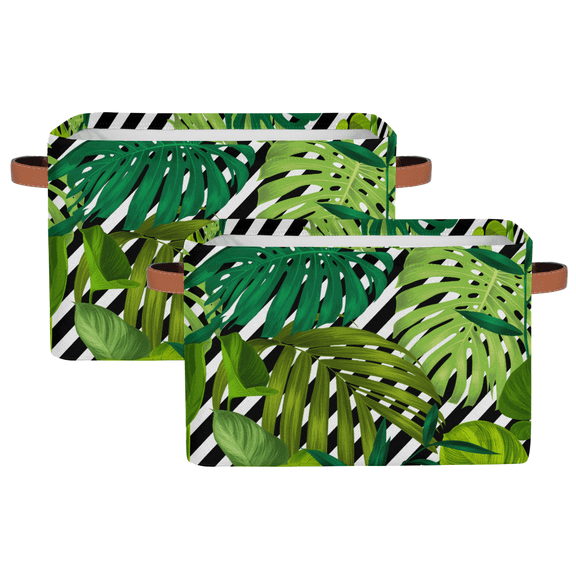 25L Foldable Storage Bin with Leather Handles,Fabric Storage Basket,Closet Organizers and Storage for Home, Apartment, Bathroom 15x11x9.5 Inches,Tropical Leaves 2PCS