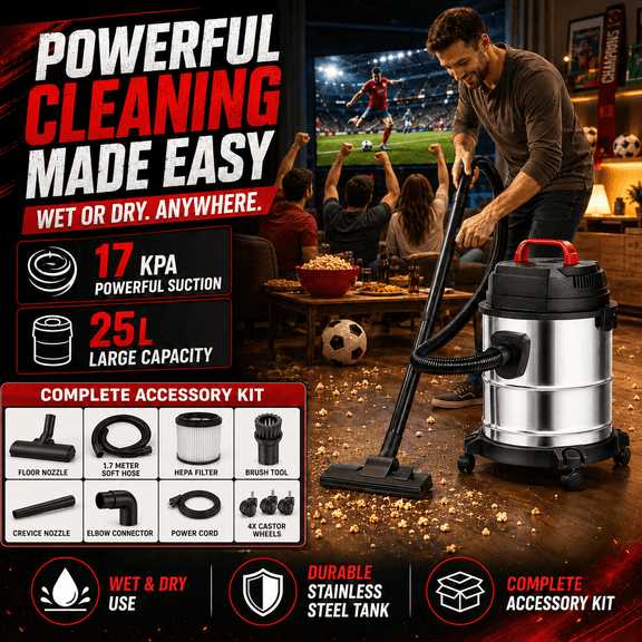 25L New Commercial Vacuum Cleaner: Powerful suction, lightweight, wet/dry capability, and blower function. Wall-mountable design; suitable for cleaning cars, boats, pet hair.