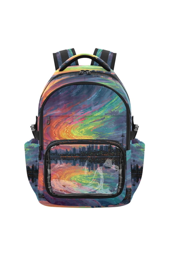 25L PVC Casual Backpack, Waterproof Large Capacity Backpack for Student Commute & Short Trips Aurora Borealis City