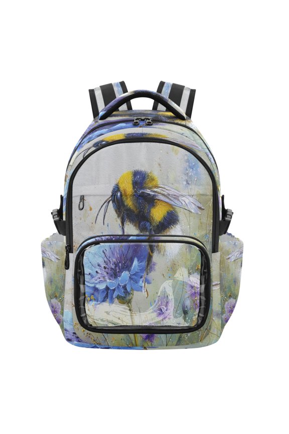 25L PVC Casual Backpack, Waterproof Large Capacity Backpack for Student Commute & Short Trips Bumblebee on Flowers