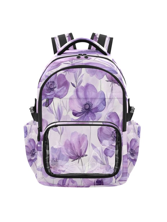 25L PVC Casual Backpack, Waterproof Large Capacity Backpack for Student Commute & Short Trips Cartoon Lavender Flowers Seamless