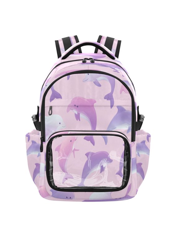 25L PVC Casual Backpack, Waterproof Large Capacity Backpack for Student Commute & Short Trips Dolphin Pattern Pastel