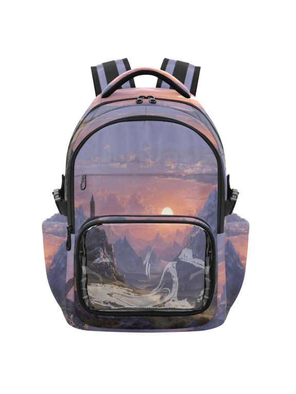 25L PVC Casual Backpack, Waterproof Large Capacity Backpack for Student Commute & Short Trips Fantasy Mountain Ancient Tower