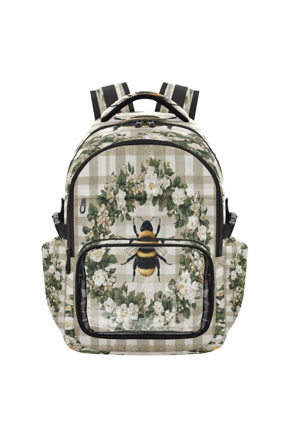 25L PVC Casual Backpack, Waterproof Large Capacity Backpack for Student Commute & Short Trips Gingham Bumblebee Wreath