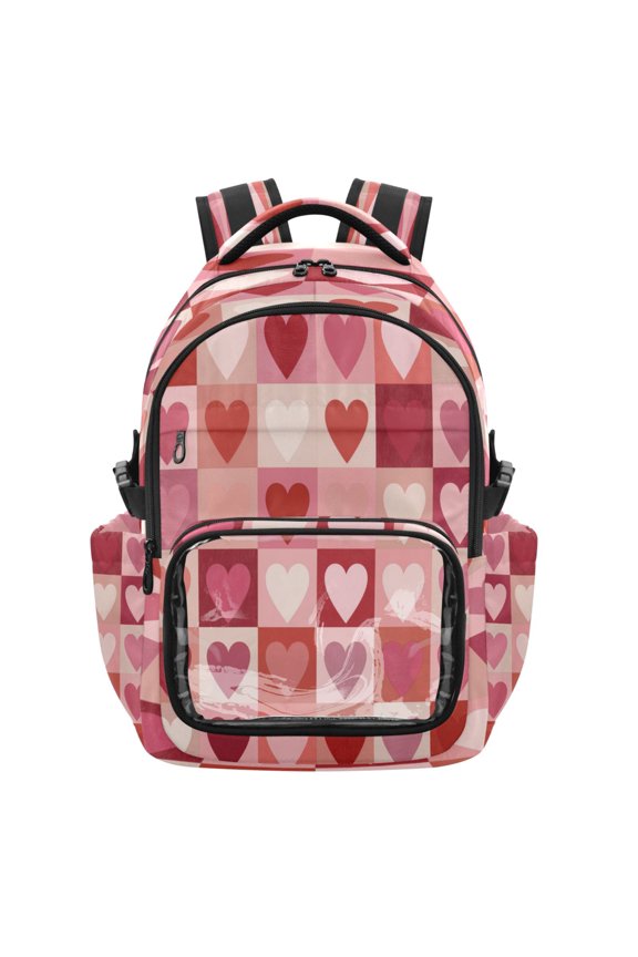 25L PVC Casual Backpack, Waterproof Large Capacity Backpack for Student Commute & Short Trips Hearts Pattern Pink Red Shades
