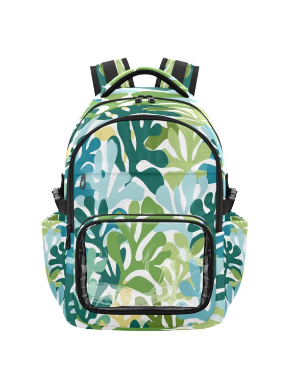 25L PVC Casual Backpack, Waterproof Large Capacity Backpack for Student Commute & Short Trips Jungle Green Tropical Leaves