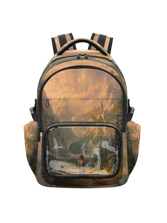 25L PVC Casual Backpack, Waterproof Large Capacity Backpack for Student Commute & Short Trips Knight Horseback Mountain Road