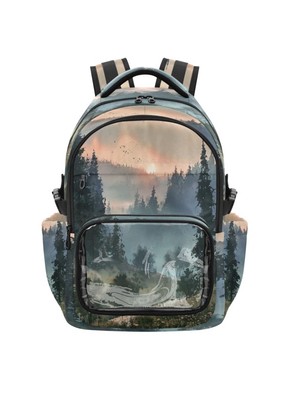 25L PVC Casual Backpack, Waterproof Large Capacity Backpack for Student Commute & Short Trips Pine Twilight Woods