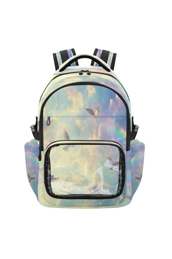 25L PVC Casual Backpack, Waterproof Large Capacity Backpack for Student Commute & Short Trips Sky Rainbow Pigeon