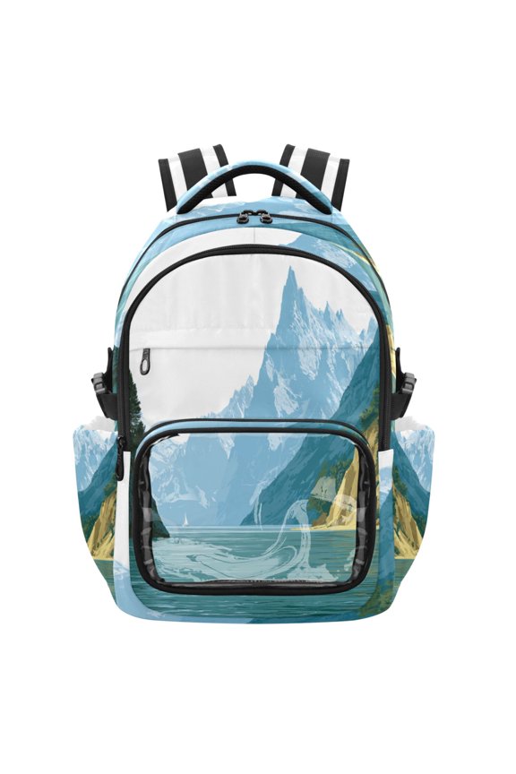 25L PVC Casual Backpack, Waterproof Large Capacity Backpack for Student Commute & Short Trips Snowy Mountain Lake Vista
