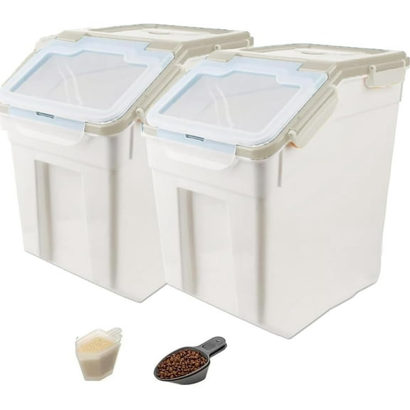 25LB Large Flour Storage Container Bin ,2 Pack Airtight Plastic with Wheels Seal Locking Lid Dispenser Organizer Storage Bin with Measuring Cup & Scoop for Flour, Rice, Grain 50LBS Total