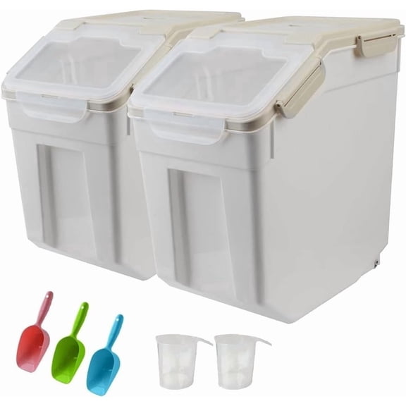 25LB Large Flour Storage Container Bin ,2 Pack Airtight Plastic with Wheels Seal Locking Lid Dispenser Organizer Storage Bin with Measuring Cup & Scoop for Flour, Rice, Grain 50LBS
