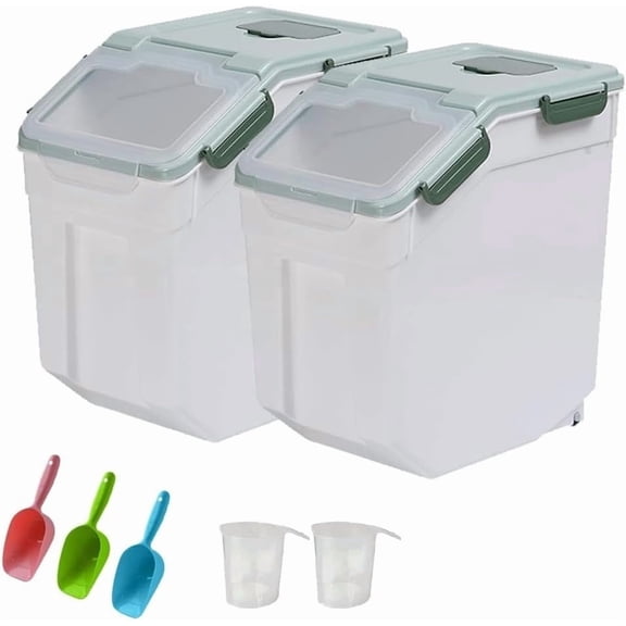 25LB Large Flour Storage Container Bin ,2 Pack Airtight Plastic with Wheels Seal Locking Lid Dispenser Organizer Storage Bin with Measuring Cup & Scoop for Flour, Rice, Grain 50LBS