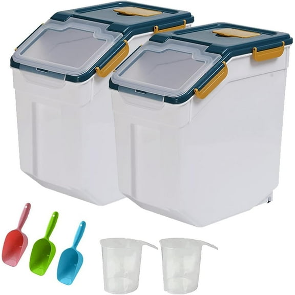 25LB Large Flour Storage Container Bin ,2 Pack Airtight Plastic with Wheels Seal Locking Lid Dispenser Organizer Storage Bin with Measuring Cup & Scoop for Flour, Rice, Grain 50LBS Total