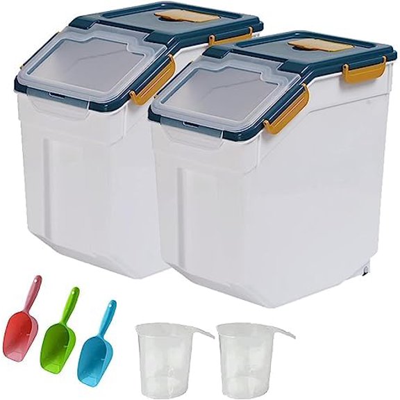 25LB Large Flour Storage Container Bin ,2 Pack Airtight Plastic with Wheels Seal Locking Lid Dispenser Organizer Storage Bin with Measuring Cup & Scoop for Flour, Rice, Grain 50LBS Total