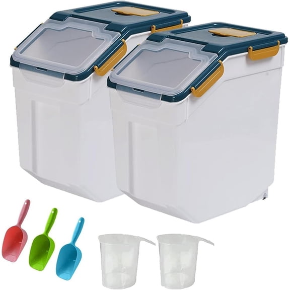 25LB Large Flour Storage Container Bin ,2 Pack Airtight Plastic with Wheels Seal Locking Lid Dispenser Organizer Storage Bin with Measuring Cup & Scoop for Flour, Rice, Grain 50LBS