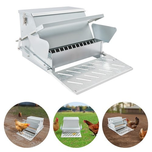 25LBS Automatic Chicken Feeder, No-Waste Treadle Poultry Feeder Galvanized Steel, Rainproof Lid, Outdoor Use for Chickens, Ducks, Geese, Pheasants, Fowl, Bantams