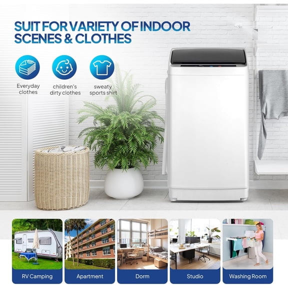25Lbs Portable Full Automatic Washing Machine, Stainless Steel Tub & Drain Pump, 110V Compact Laundry Washer for Apartments, Dorms, RVs, Camping & Travel