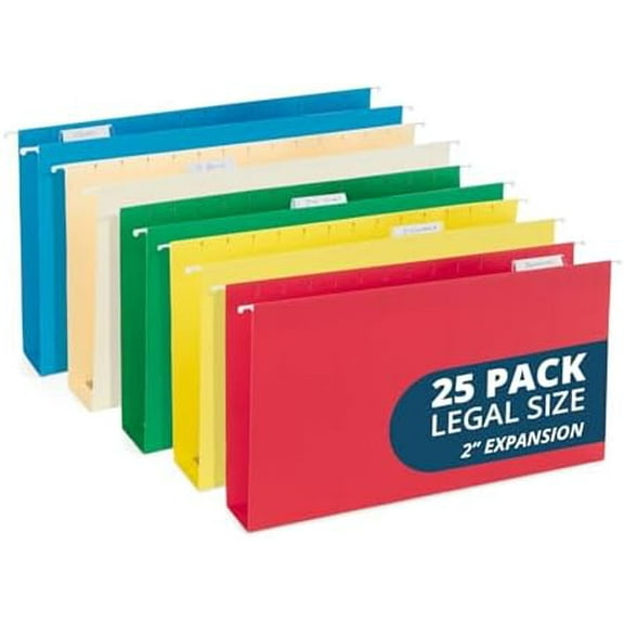 25Legal Size Hanging File Folders - Assorted Colors, 2" Expansion, Legal Hanging File Folders for Filing Cabinet, 9.5" x 14.75", 11PT Paper Stock with Tabs and Inserts Included$$Office