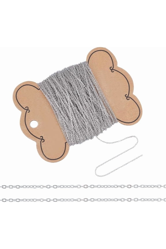 25M 304 Stainless Steel Cable Chains Soldered Oval with Card Paper Stainless Steel Color 1.5x1x0.3mm