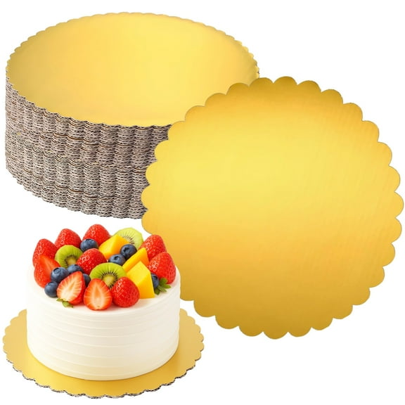 25PCS 10"/25 cm Round Cake Boards, Gold Edged Corrugated Cake Pads, Long-lasting Paperboard, Ideal for Large Cakes, Disposable, Moisture & Oil Resistant, Perfect for Bakery and Special Occasions