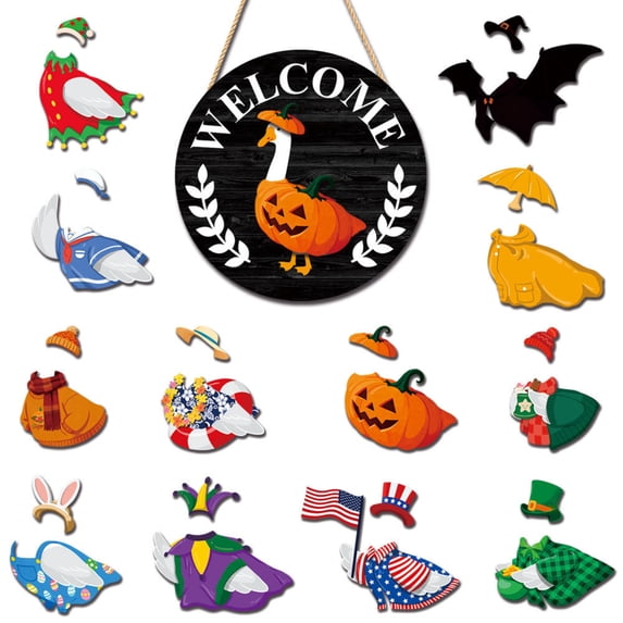 25PCS 11.8in Halloween Goose Welcome Door Sign with Magnetic Accessories, Wooden Round Pumpkin Decor for Fall Home